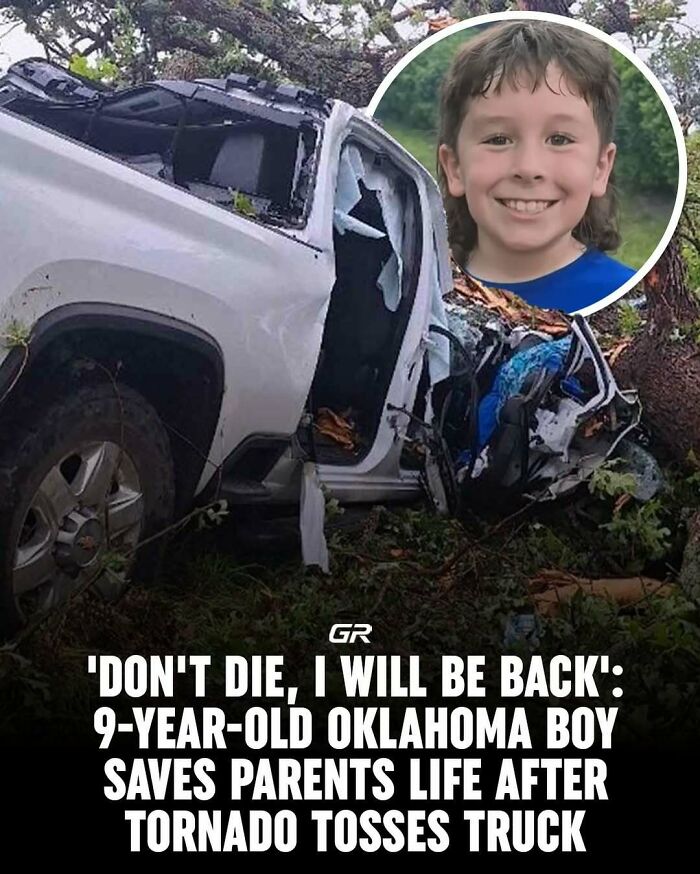 Wrecked truck after tornado with inset of smiling boy; a remarkable rescue story among fascinating and interesting facts.