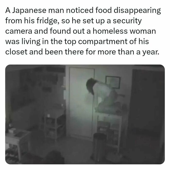 Security camera footage revealing a person living secretly in a closet compartment at night.