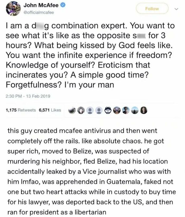 Funny meme featuring an eccentric tweet by John McAfee with a humorous backstory, perfect to cheer up your day.