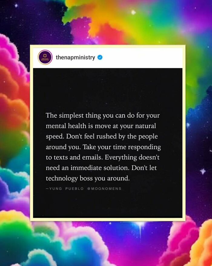 Inspirational quote on moving at your own speed, with a colorful abstract background and text on mental health.