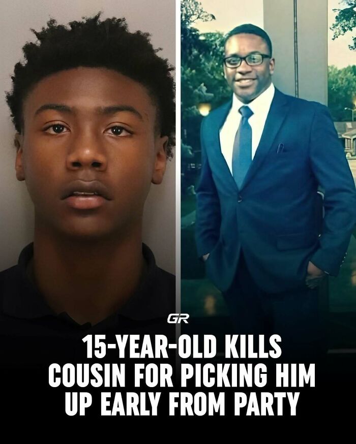 Teen in a mugshot beside a smiling man in a suit, with text about a tragic event involving family.