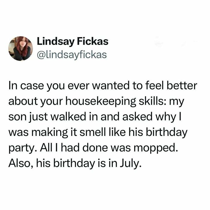 Tweet humorously depicting parenting life with a son's birthday party remark after mopping.