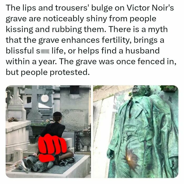 Person seated on a statue grave in a cemetery, highlighting shiny parts rumored to bring good fortune.