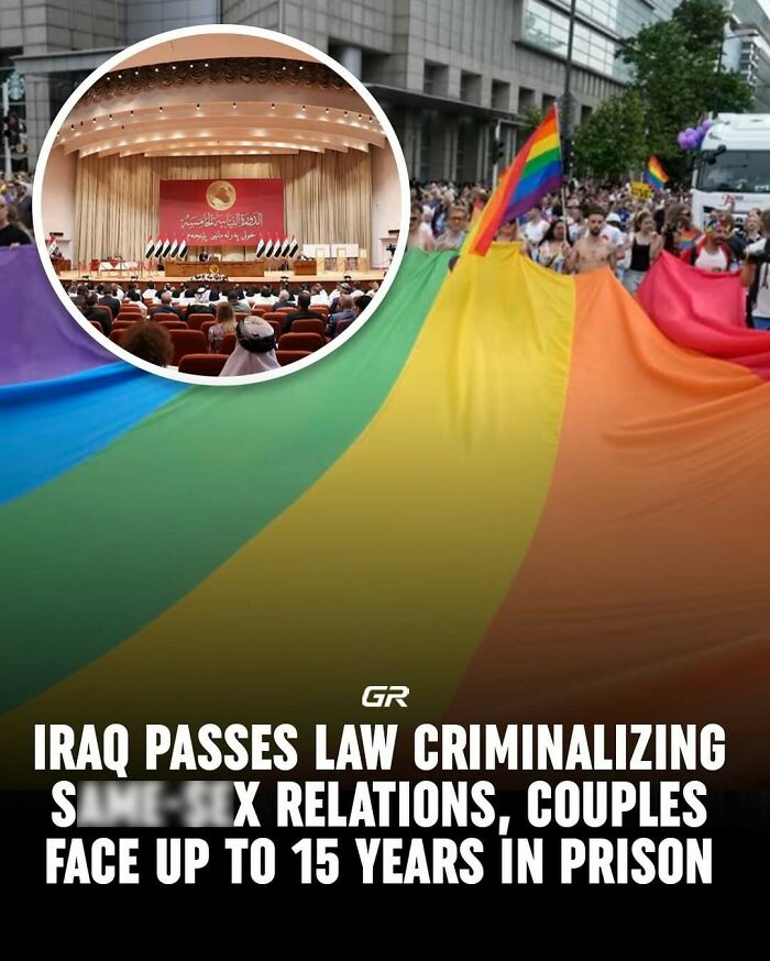 Rainbow flag at a pride parade with an inset of an Iraqi parliament meeting highlighting interesting facts on legislation.