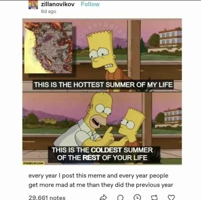 Bart and Homer Simpson in a meme about weather extremes, with humorous text overlay.
