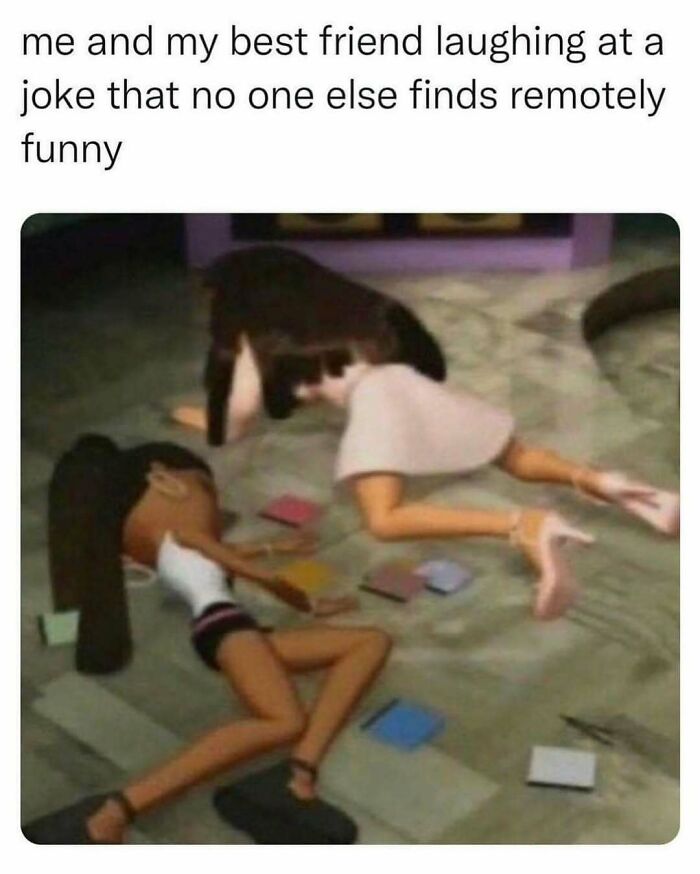 Two animated characters lying on the floor laughing, surrounded by scattered colorful books, representing relatable memes.