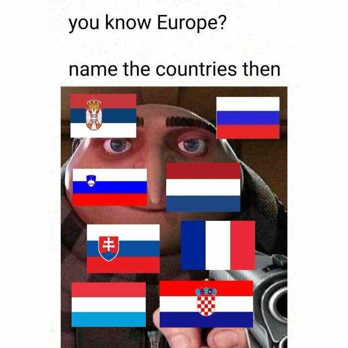Gru from Despicable Me meme with European country flags challenging viewers to name the countries, a history class meme.