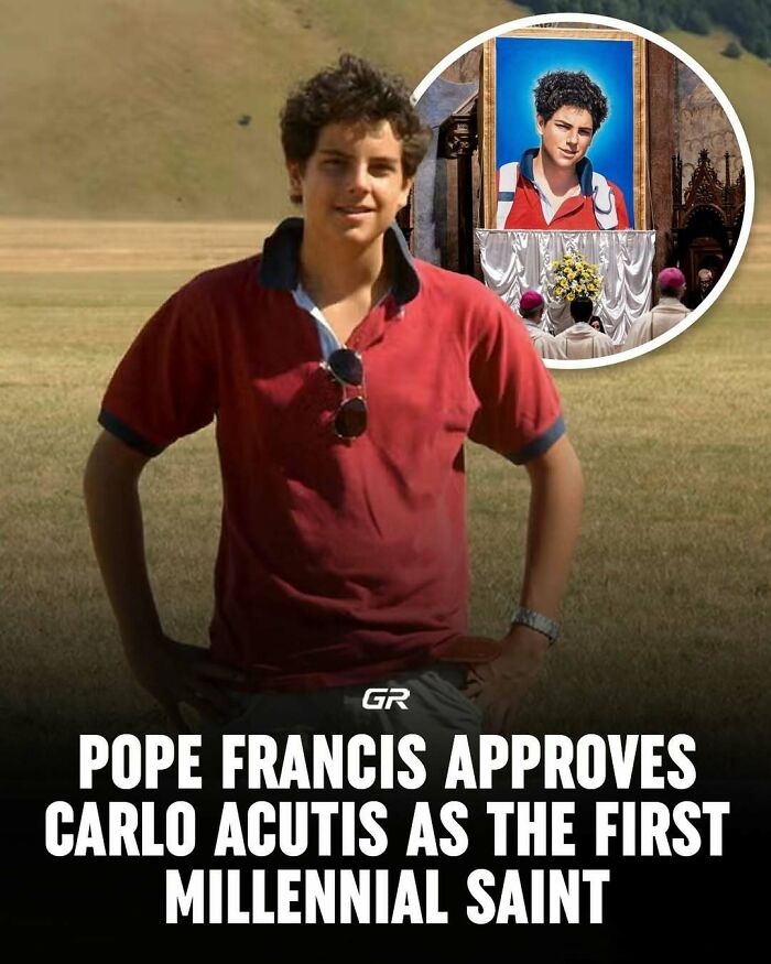 A young man in a red shirt stands in a field, highlighting an interesting historical fact about sainthood.
