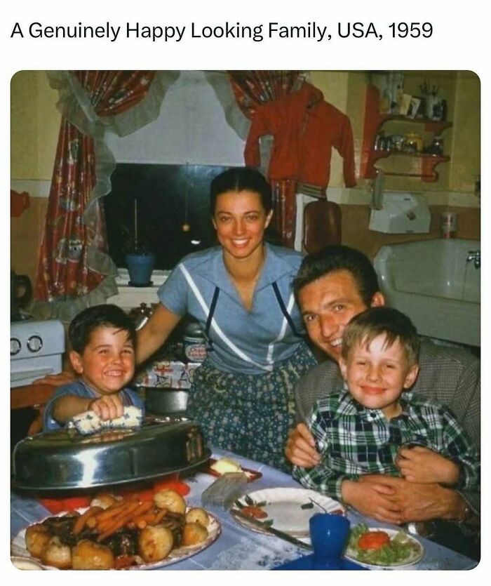 A happy family in 1959 USA, gathered around the dinner table, showcasing interesting history moments.