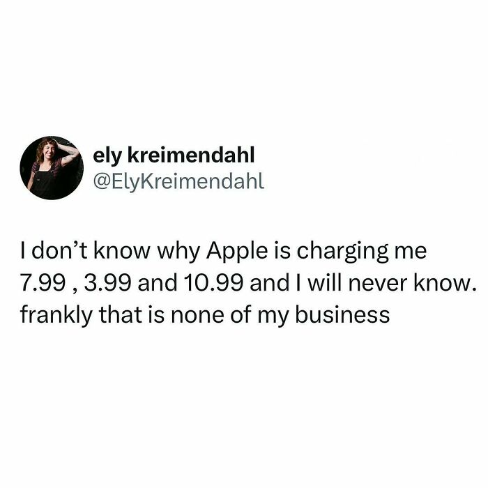 Funny post about mysterious Apple charges shared by ely kreimendahl on Twitter.