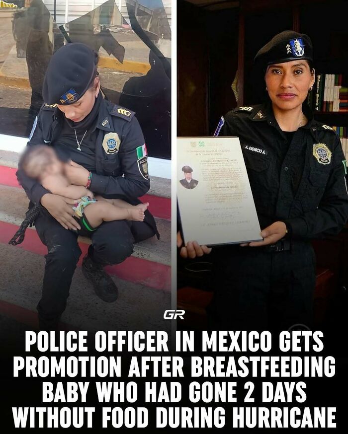 Police officer in uniform holding a certificate, showcasing an interesting fact about her promotion for humanitarian action.
