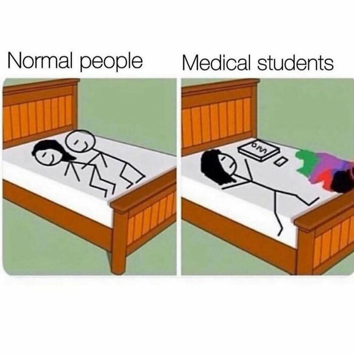 Stick figures in bed; normal couple on left, medical student with books on right.