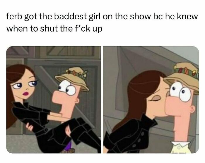 Cartoon character receiving a kiss, humorously illustrating painfully relatable meme.