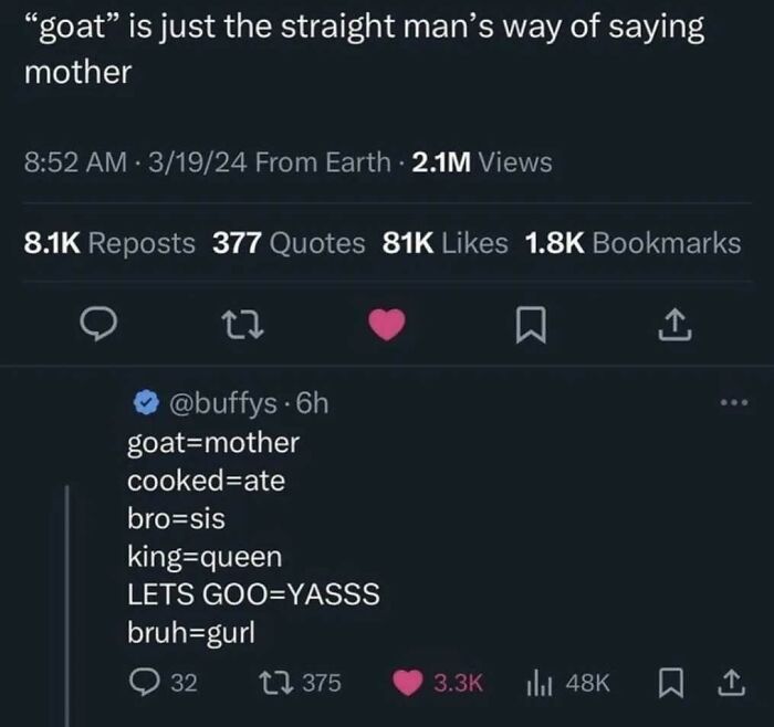 Funny meme text exchange redefining slang terms like "goat" and "bruh" with humorous comparisons.