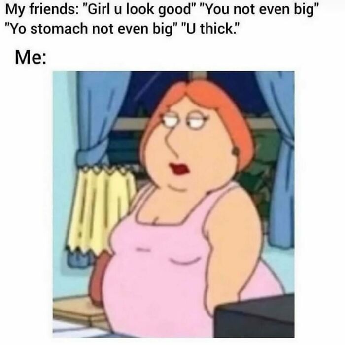 Cartoon woman in a pink top looking skeptical, representing a painfully relatable meme moment.