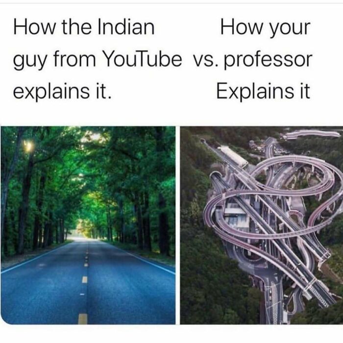 Simple road vs. complex interchange meme representing medical school challenges.