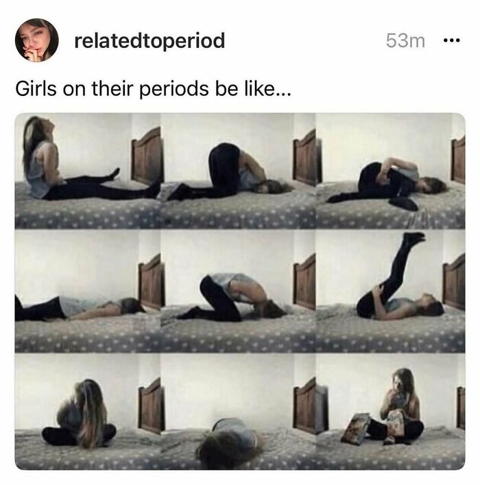 Woman on bed in various poses dealing with period pain, trying to find comfort.