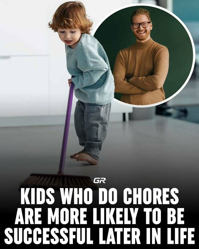 Child sweeping floor with a broom, overlay image of smiling man. Text: Chores linked to future success.