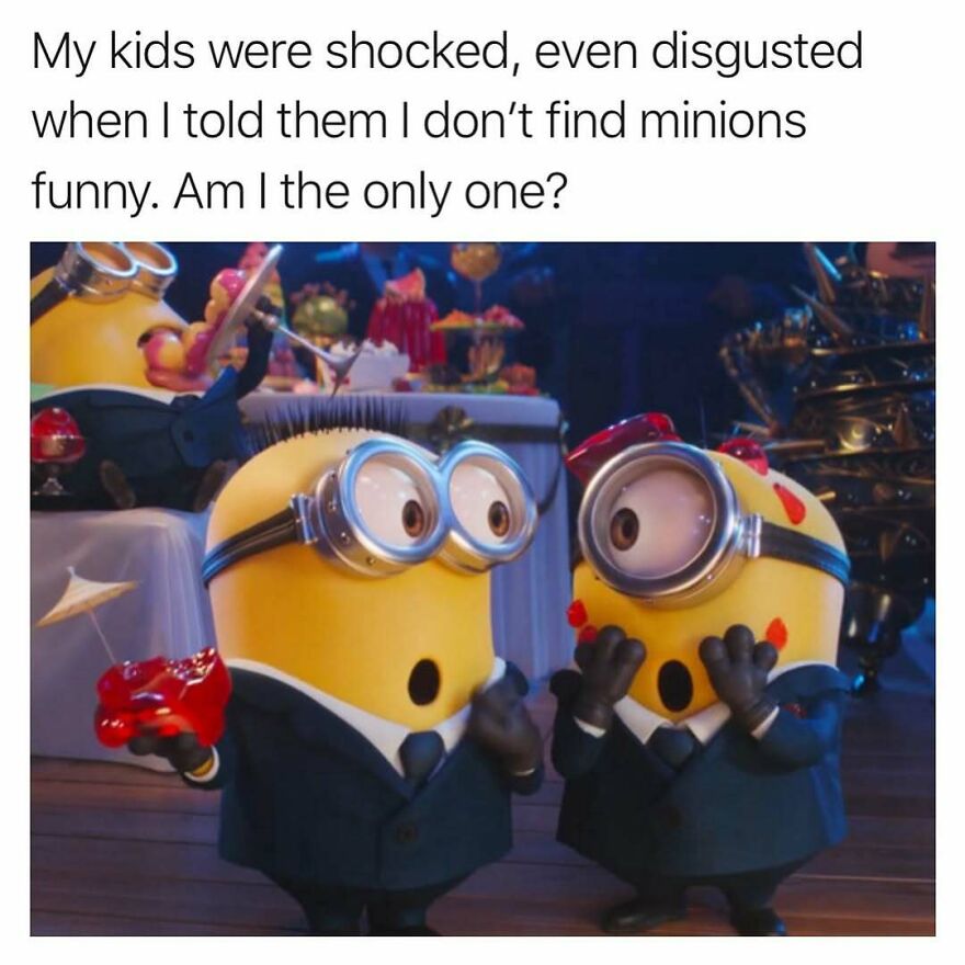 Minions in suits looking shocked at a party, highlighting parenthood humor.