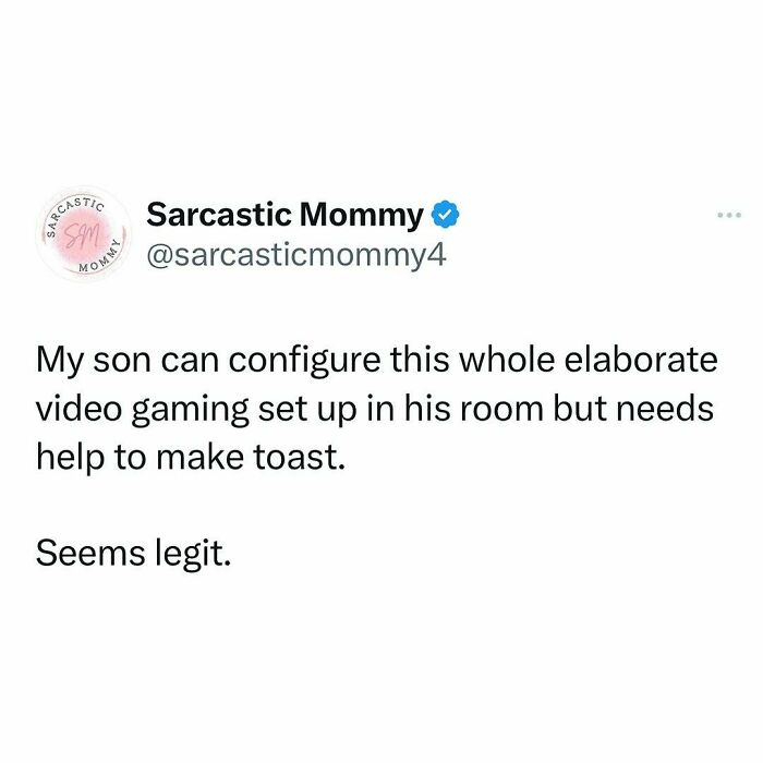 Funny parenting post about a child's gaming setup skills versus toast-making ability.