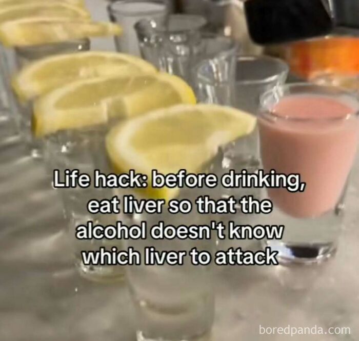 Several shot glasses with lemon slices, featuring a humorous meme about a life hack related to drinking.