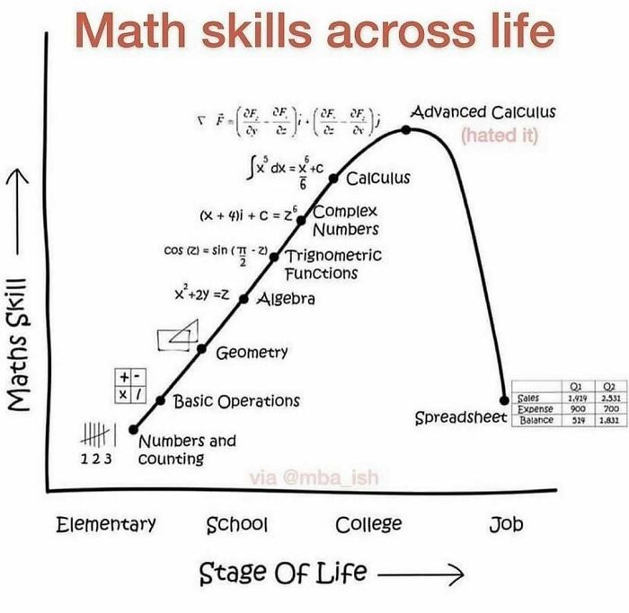 Graph humorously showing math skills peaking at college calculus, then dropping at job spreadsheet stage; a relatable work meme.