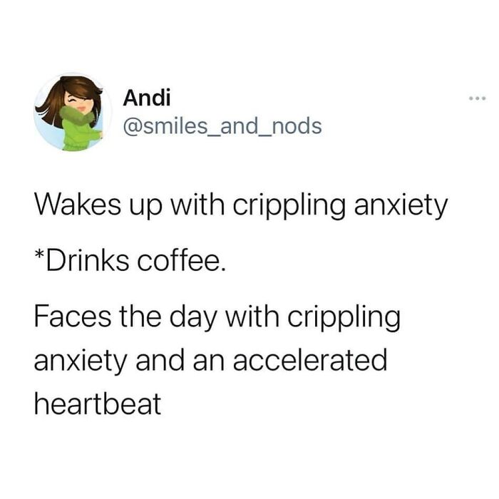 Funny parenting post about anxiety and coffee, illustrating relatable parental struggles.