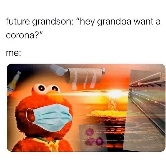 Elmo wearing a mask with a background of chaos, featuring a toilet paper roll and Corona beer, humorously depicting men's struggles.