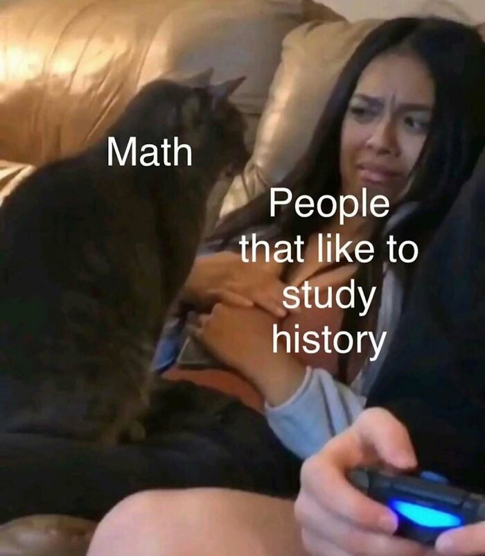 Woman looking confused at a cat labeled Math, illustrating memes for people who like to study history.