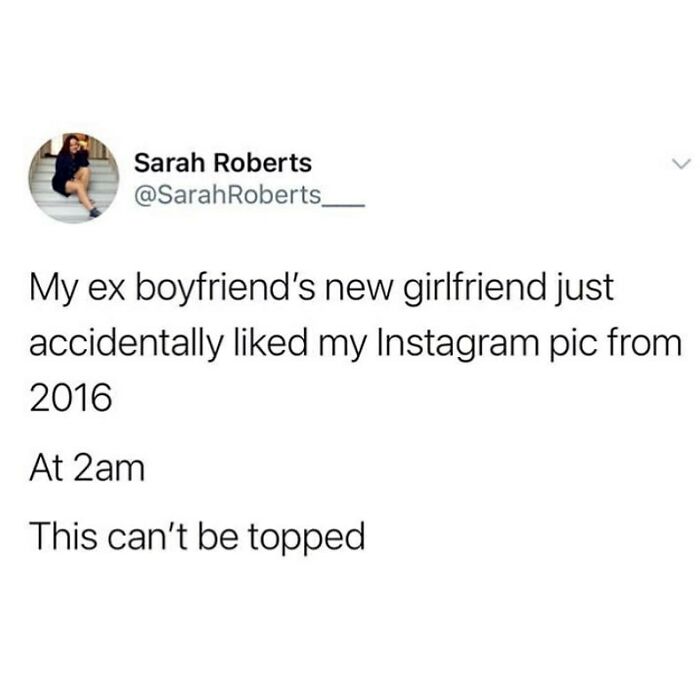 Tweet about someone's ex's new girlfriend liking an old Instagram post, adding humor to "Growing Up British."