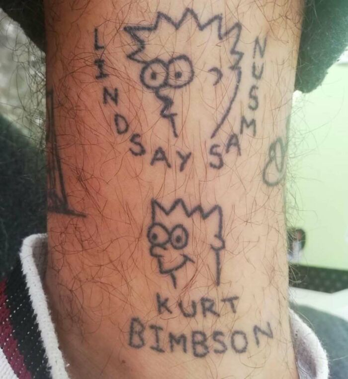 Two funny Simpsons tattoos with text "Lindsay Say" and "Kurt Bimbson" on a person's leg.