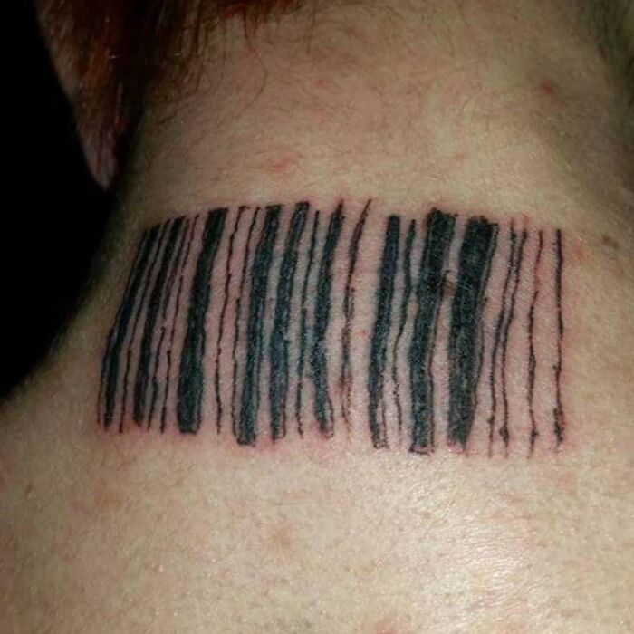 Barcode tattoo on the neck, representing a permanent inked mistake.
