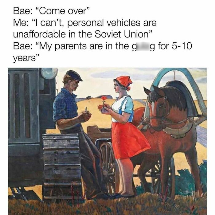Historical meme featuring a Soviet-era joke about personal vehicles and prison, with a vintage countryside illustration.