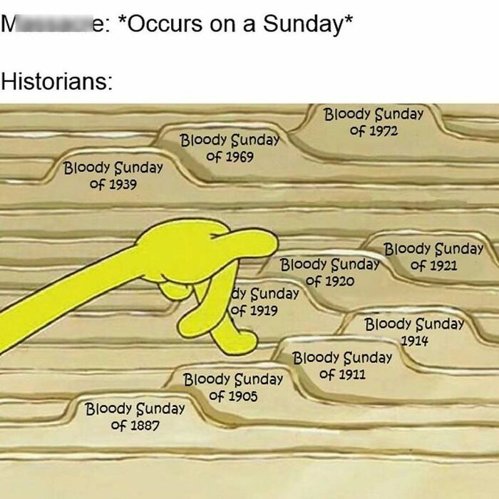 A meme showing a hand pressing a button labeled with multiple Bloody Sunday dates, referencing history memes for historians.