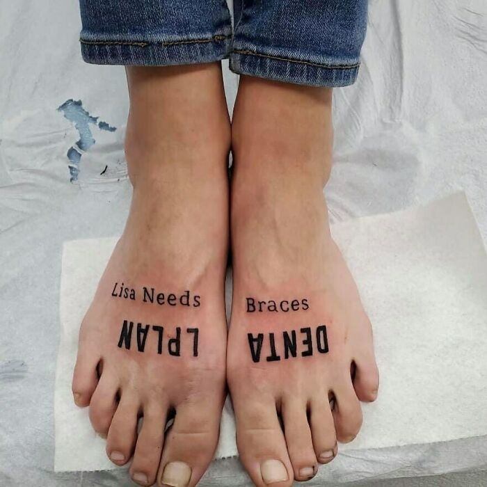 Feet with tattoos referencing Lisa Simpson braces scene.