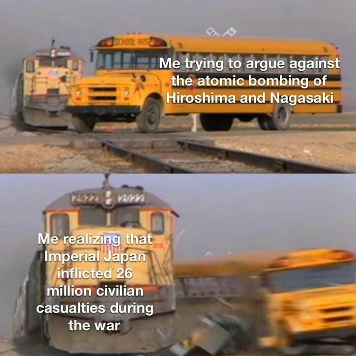 Meme showing a school bus hit by a train, referencing history class and World War II civilian casualties.