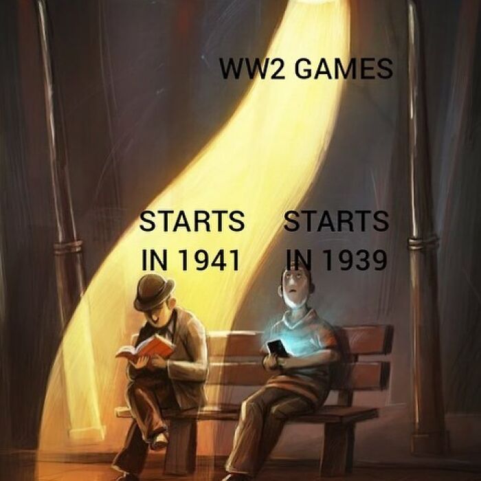 Two people sitting on a bench under streetlights representing WW2 games starting in 1941 and 1939 history memes.