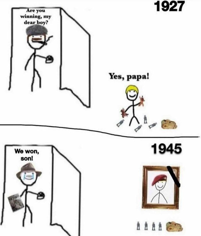 1927 and 1945 history meme showing a father and son discussing victory with toy soldiers and military references.