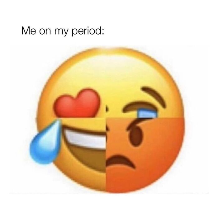 Mixed emotions emoji illustrating period humor.
