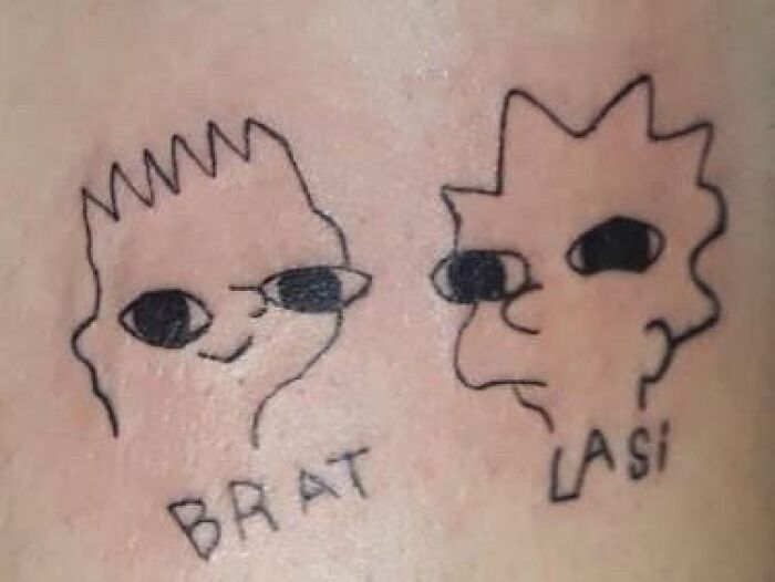 Simple tattoos of The Simpsons' characters with distorted features, labeled "BRAT" and "LASI."