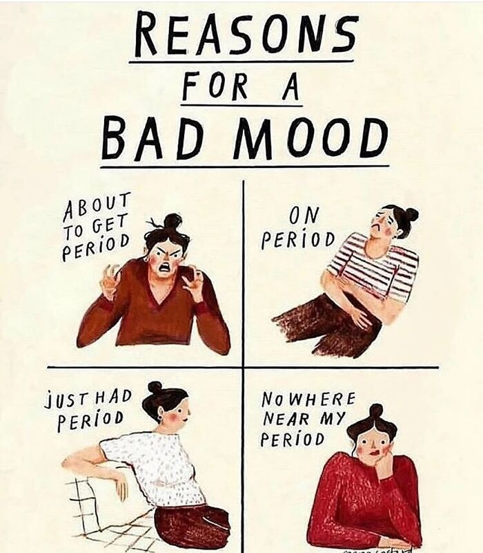 Four illustrations showing different moods related to the menstrual cycle, capturing humorous period meme scenarios.