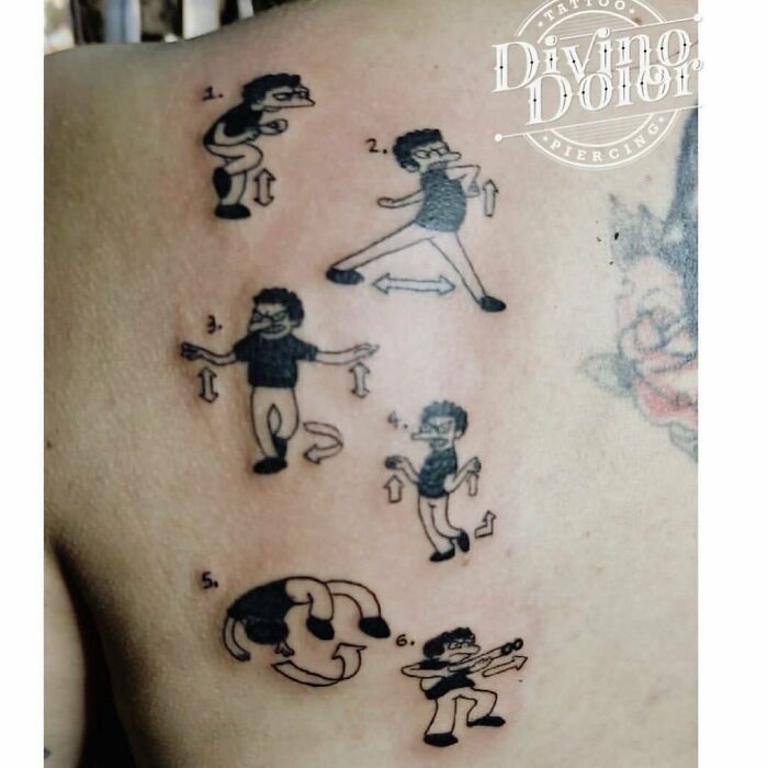 Simpsons tattoo depicting a humorous dance sequence on a person's back.