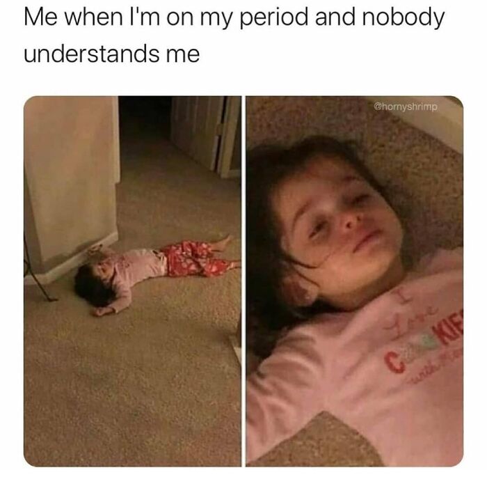 Child lying on the floor in exhaustion, capturing the humorous side of period memes.