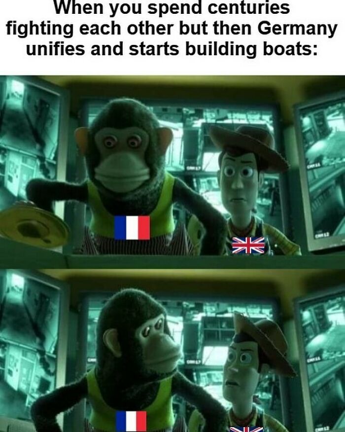 Scene from Toy Story with France and England flags, representing history memes about Germany unifying and building boats.