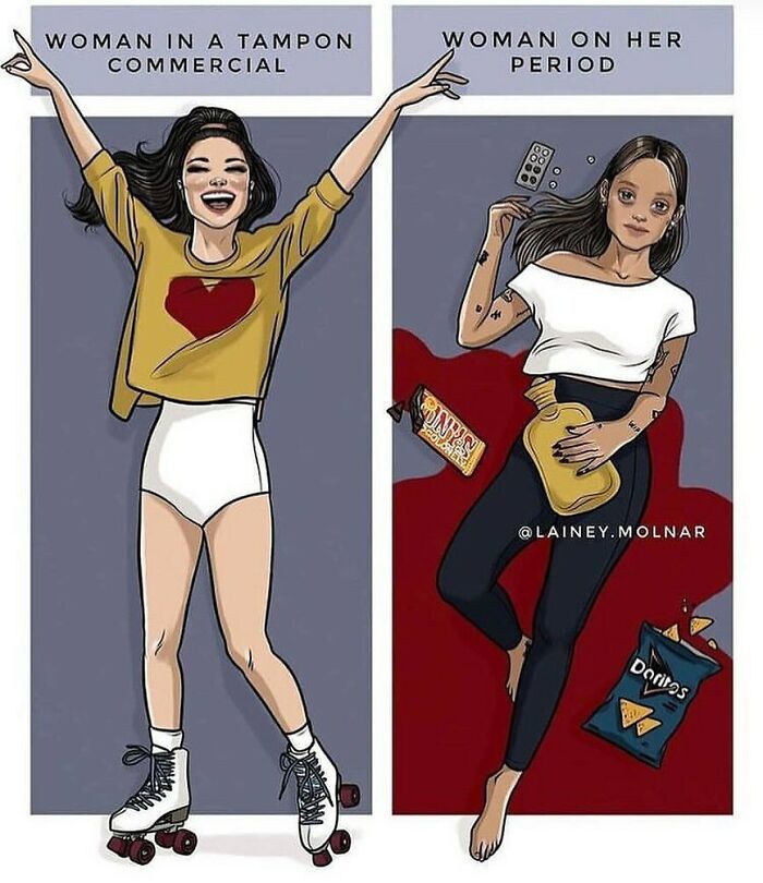 Period memes illustration contrasting tampon ads with real period experiences.