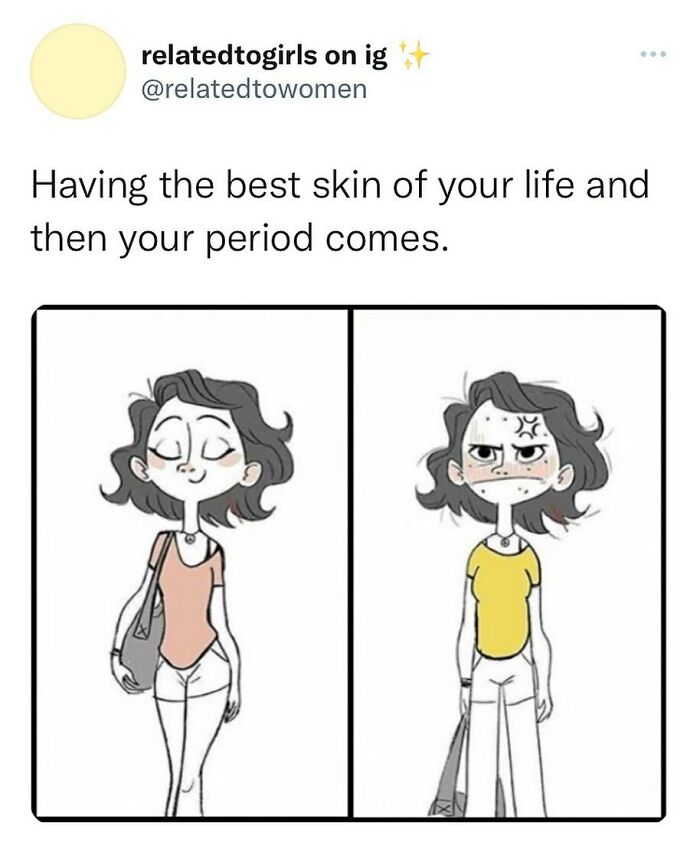 Cartoon of woman with clear skin on left, acne-prone on right, humorously depicting period effects.
