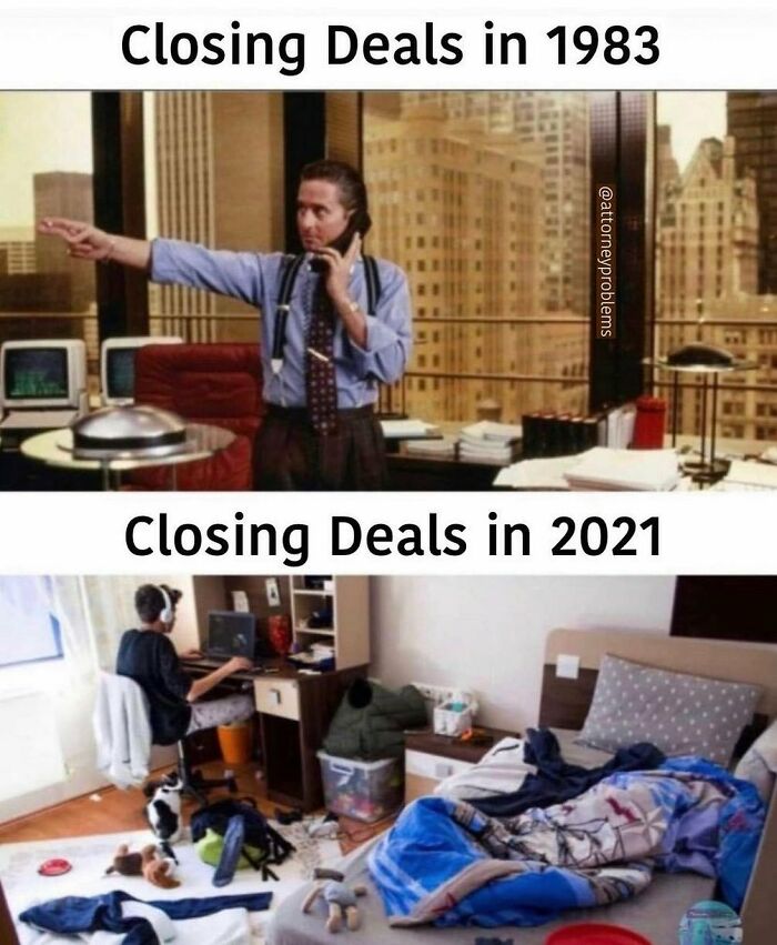 1983 vs. 2021 work meme: professional office vs. cluttered home office with a gamer.