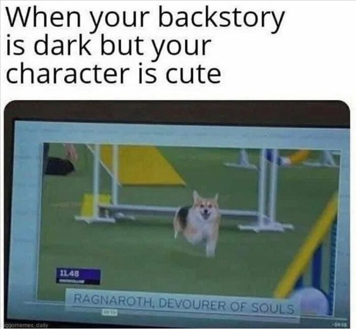 Cute dog meme showcasing a dog running in an agility course, blending dark backstory with adorable character.