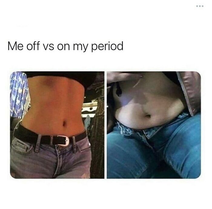 Comparison of a belly off and on period, highlighting period bloating humor.