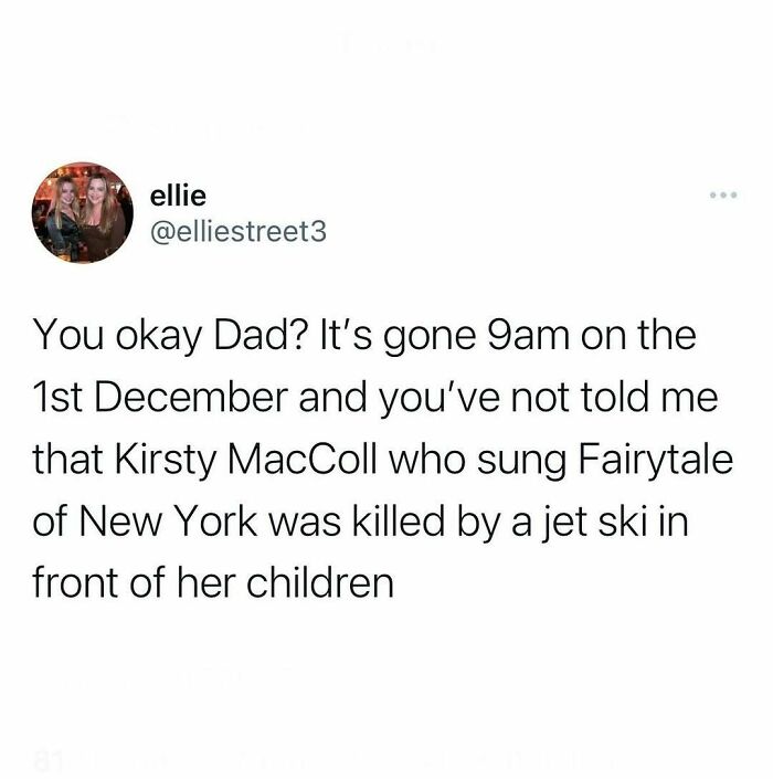 Funny meme about British tradition of sharing Kirsty MacColl's story on December 1st.